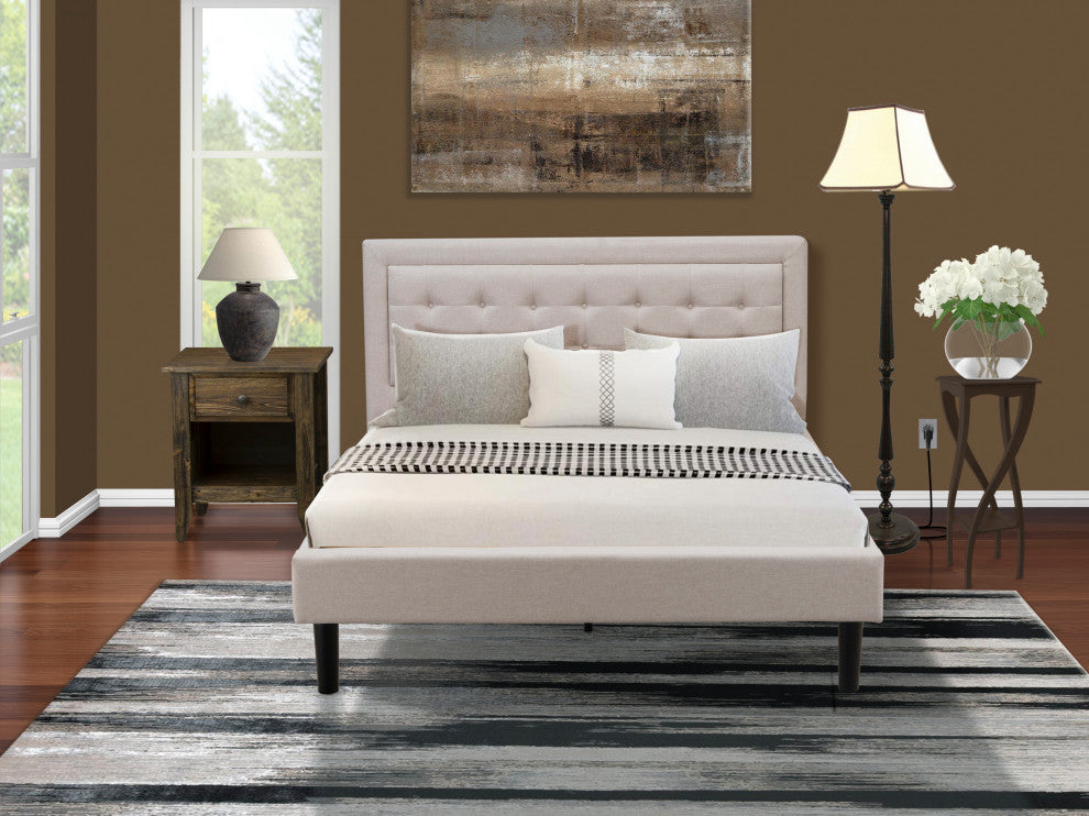 2Pc Platform Queen Bed Set, 1 Queen Size Frame, Nightstand, Mist Beige