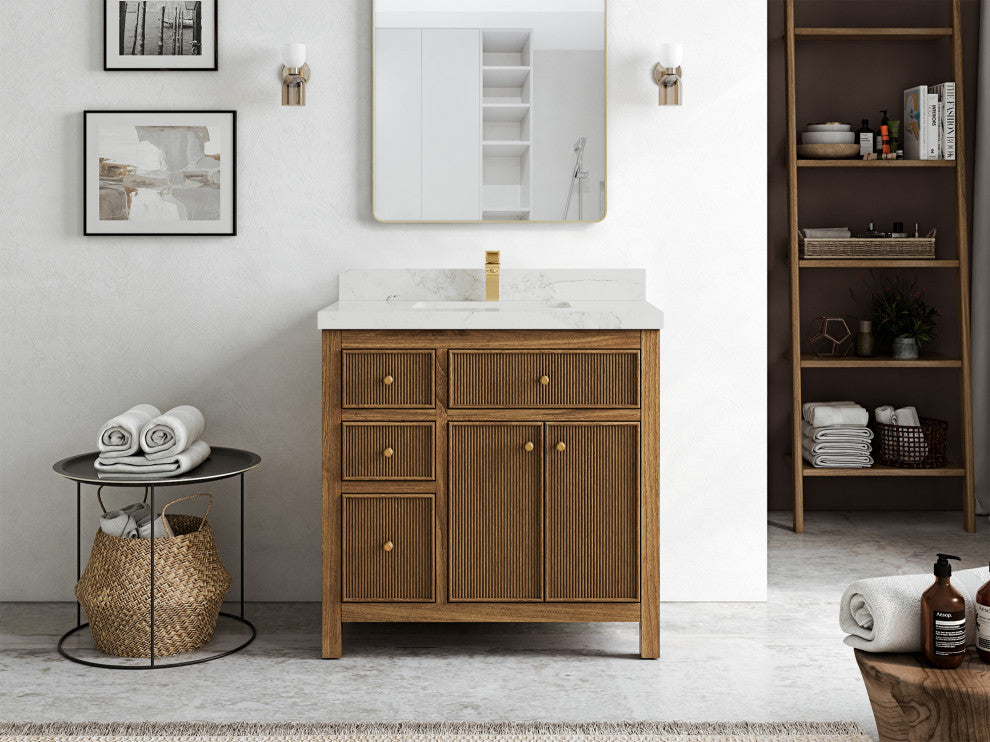 Sonoma Teak 36 Center Sink Bath Vanity in Dark Natural with 2" Calacatta Nuvo