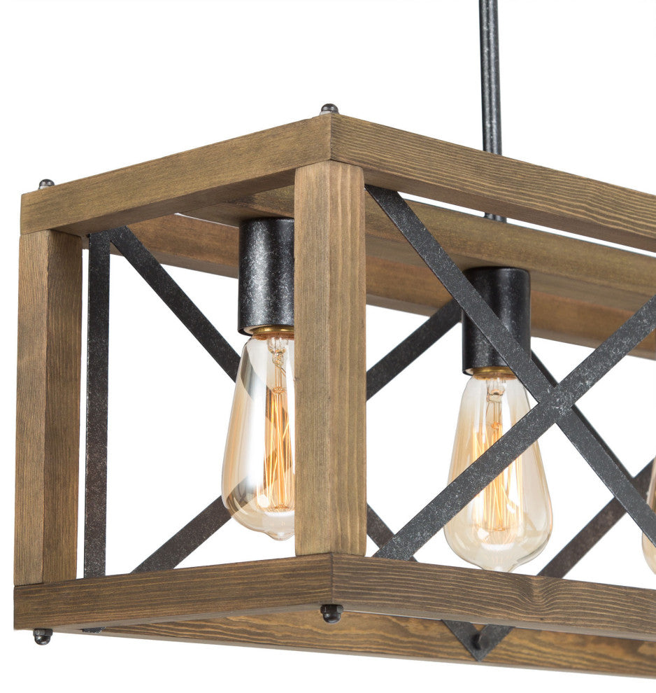 LNC 4-Lights Farmhouse Antique Black and Natural Wood Grain Linear Chandelier