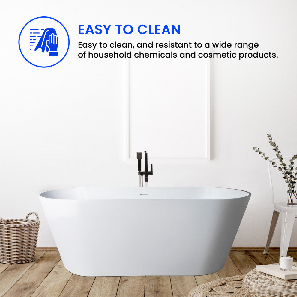 Vanity Art Solid Surface Resin Stone Freestanding Bathtub, Glossy White, 65"x29.5"