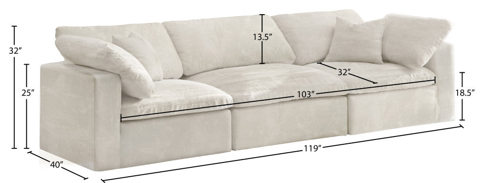 Cozy Velvet Upholstered Comfort 3-Piece Modular Sofa, Cream