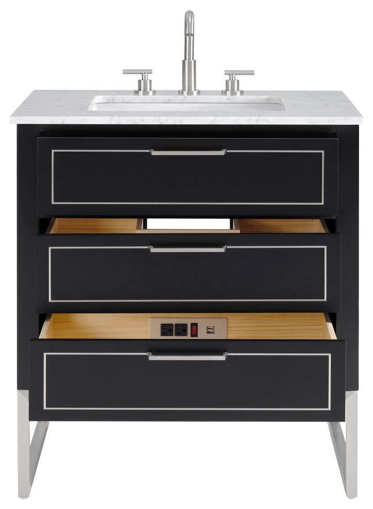 Markham Bathroom Vanity, Midnight Black/Brushed Nickel, 30", Marble Top