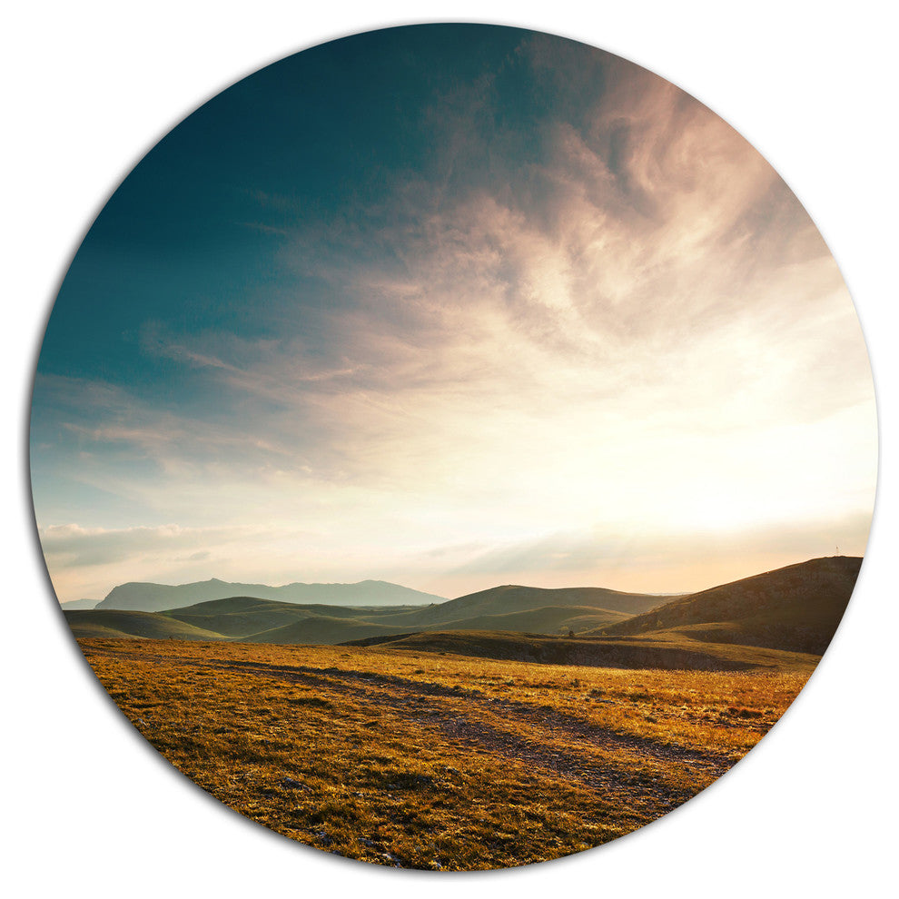 Pathway Over Mountains At Sunset, Landscape Round Wall Art, 11"
