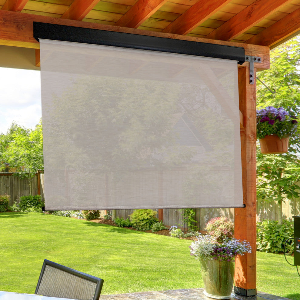 Outdoor Valanced Remote Control Operated Sunshade, Pearl Fabric, Pearl, 48x96