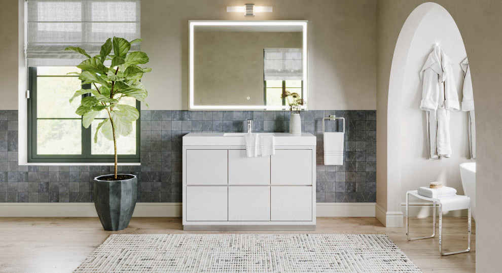 Boutique Bath Vanity, High Gloss White, 48", Single Sink, Freestanding