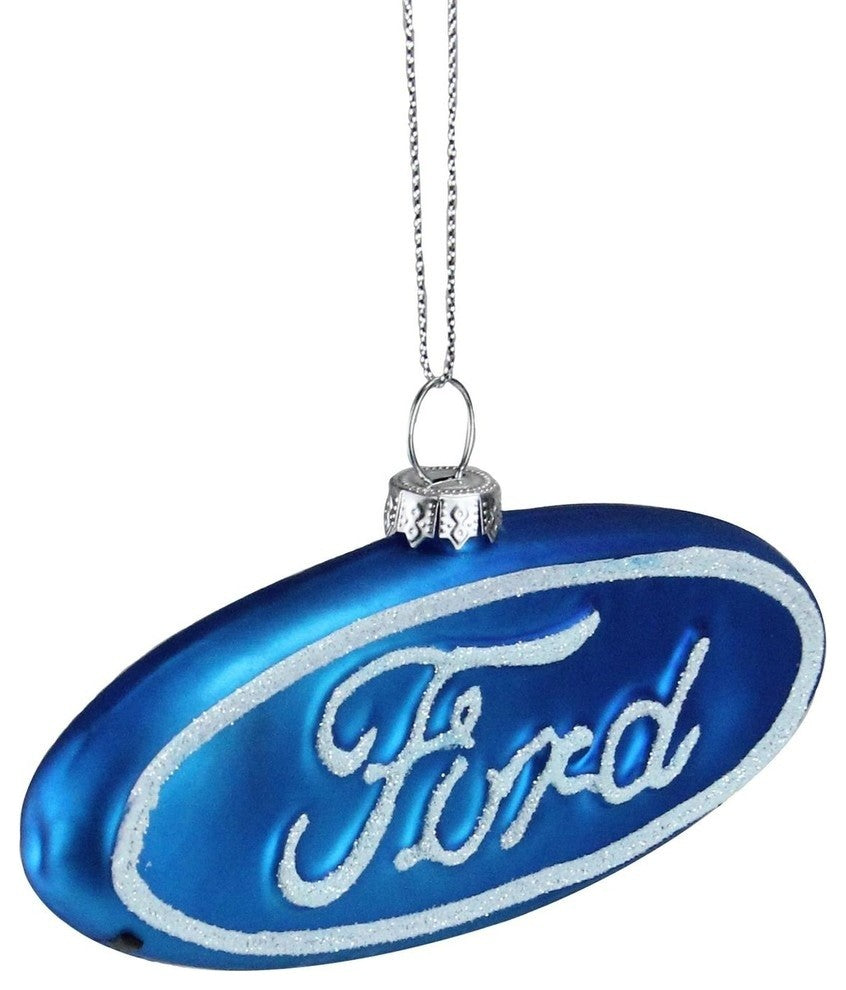 5" Blue and White Ford Logo Collectible Glass Christmas Ornament