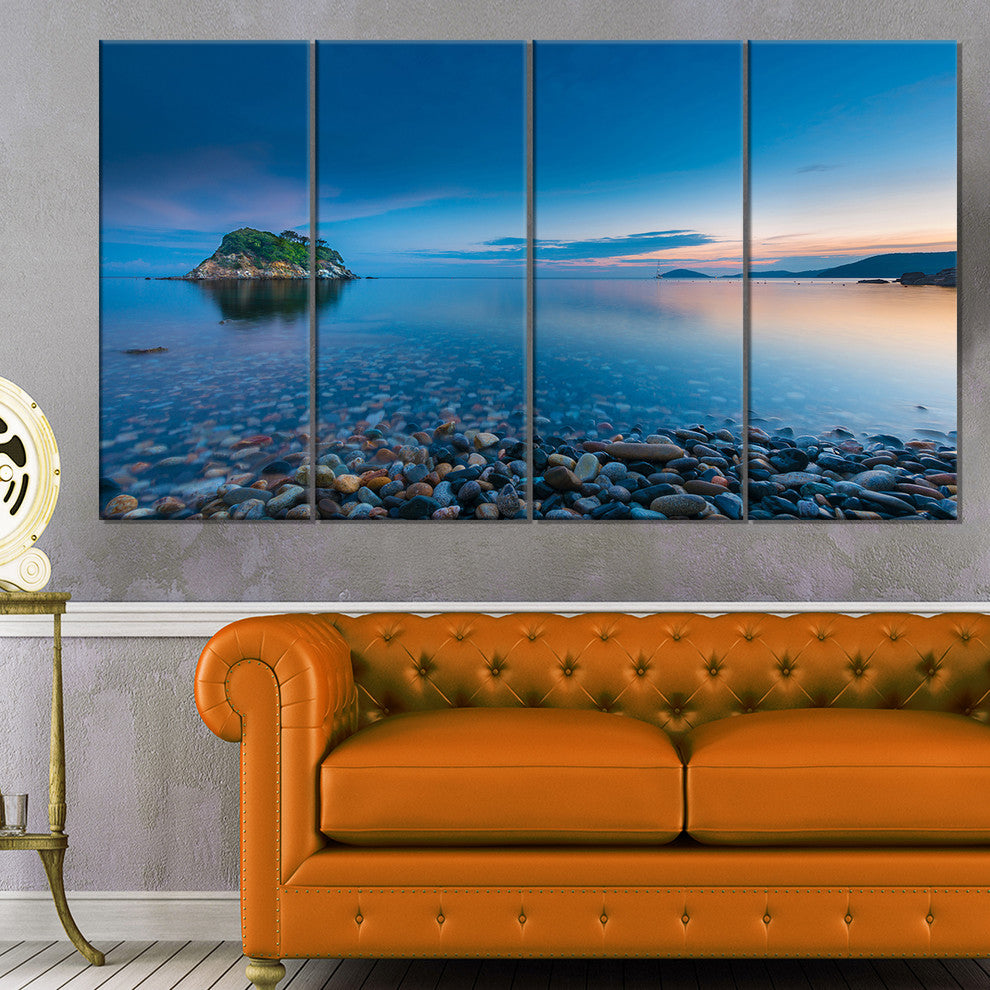 Green Isle at Stony Coast, Large Seashore Canvas Wall Art, 48"x28", 4 Panels