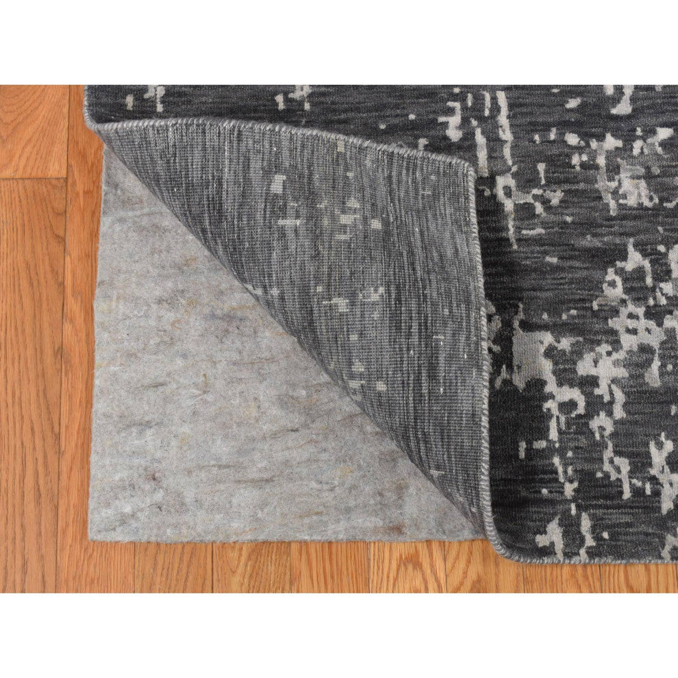 Arsenic Gray, Wool and Silk, Erased Heriz Design Hand Knotted Rug, 9'2"x12'