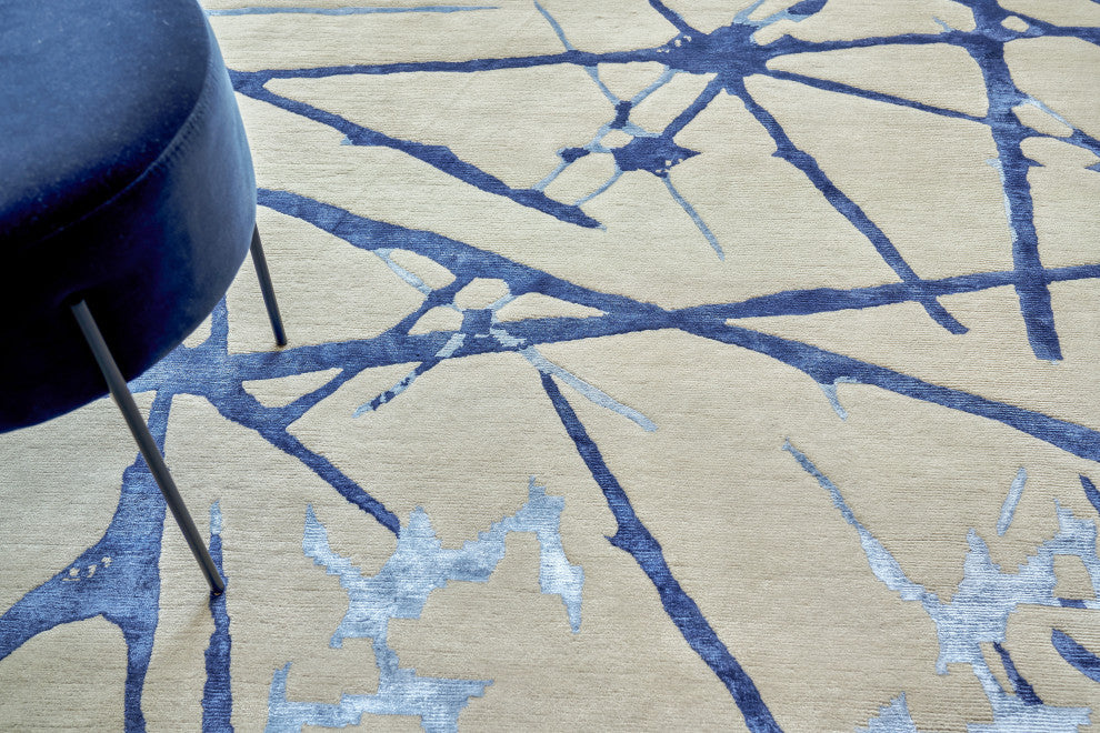 Space Age Hand-Knotted Wool and Bamboo Silk Gray/Royal Blue/Navy Rug