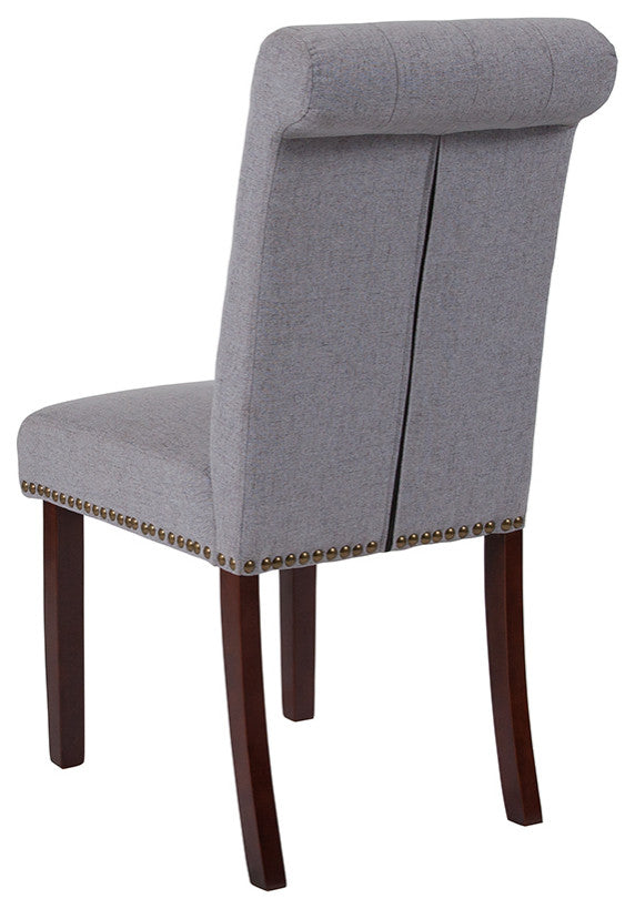 Light Gray Fabric Parsons Chair With Nail Head Trim and Walnut Finish