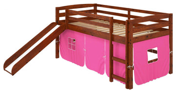 Brown Wooden Pink Tent Low Loft Bed With Slide