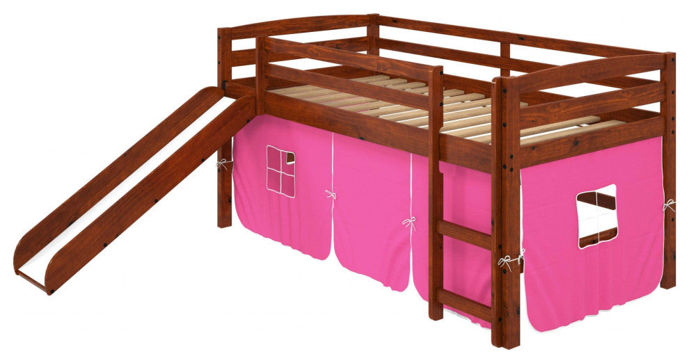 Brown Wooden Pink Tent Low Loft Bed With Slide