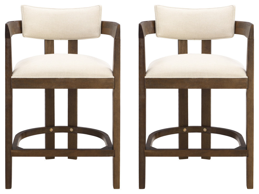 GDF Studio 26" Upholstered Counter Height Bar Stool, Set of 2, Walnut/Beige