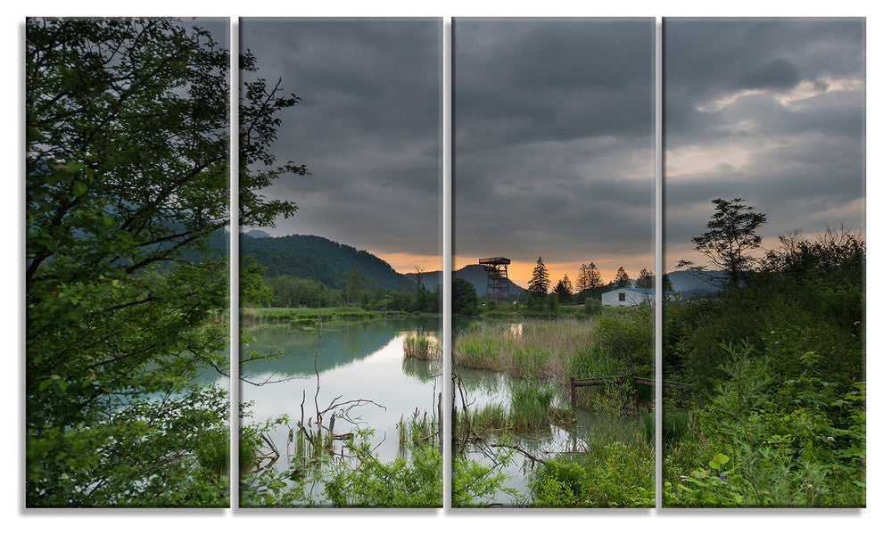Stormy Weather Over Swamp, Landscape Canvas Art Print, 48"x28", 4 Panels