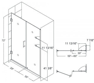 Unidoor 59-60"Wx72"H Frameless Hinged Shower Door, Shelves, Oil Rubbed Bronze