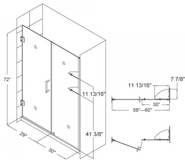 Unidoor 59-60"Wx72"H Frameless Hinged Shower Door, Shelves, Oil Rubbed Bronze