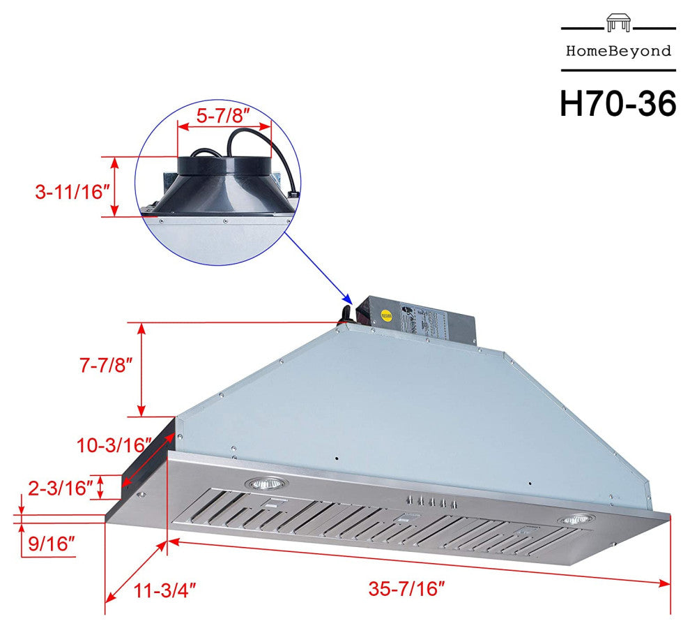 Stainless Steel Range Hood With 3  Speed Button Control, Stainless Steel, 36 in.