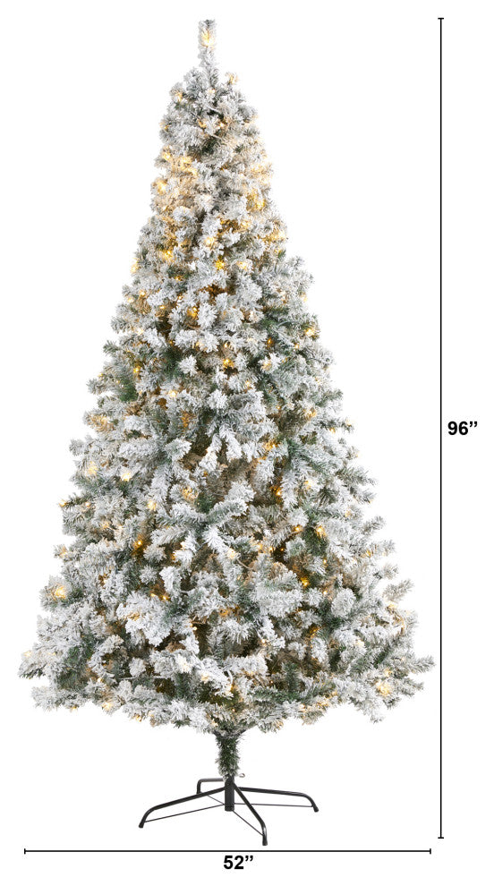 8' Flocked Rock Springs Spruce Faux Xmas Tree W/Lights & Bendable Branches