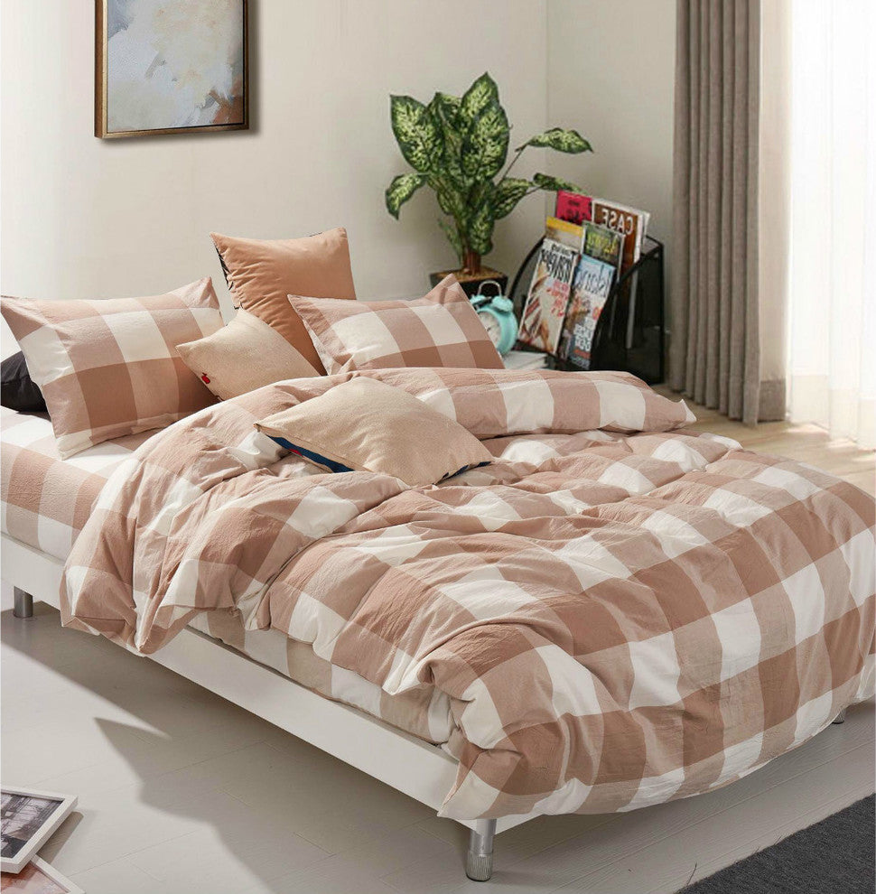 Gingham Washed Cotton 3 Piece Duvet Set, Coffee, King (102" X 90")
