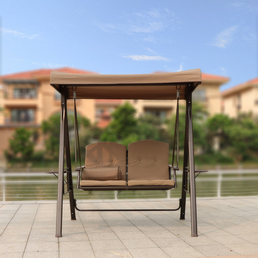 Outdoor Patio Porch Swing Chair With Adjustable Canopy and Pillow, Brown Beige