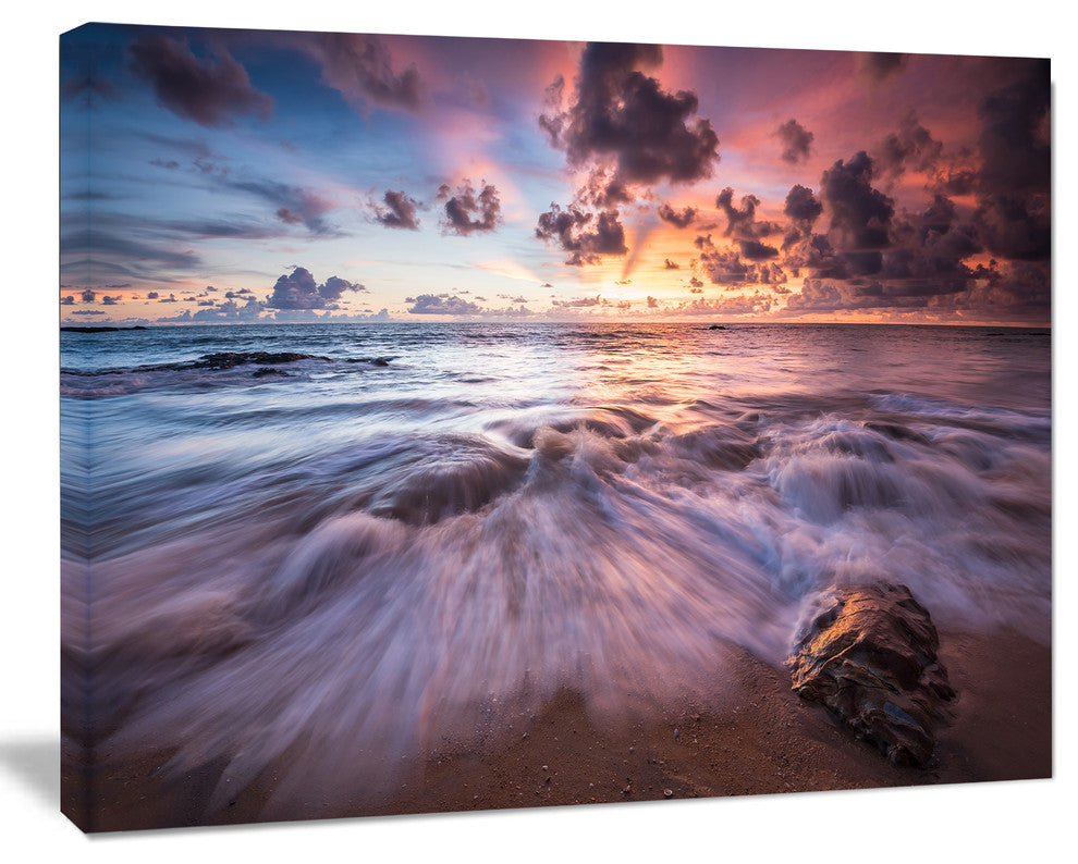 Beautiful Sea Waves At Sunset, Beach Photo Canvas Print, 60"x28"