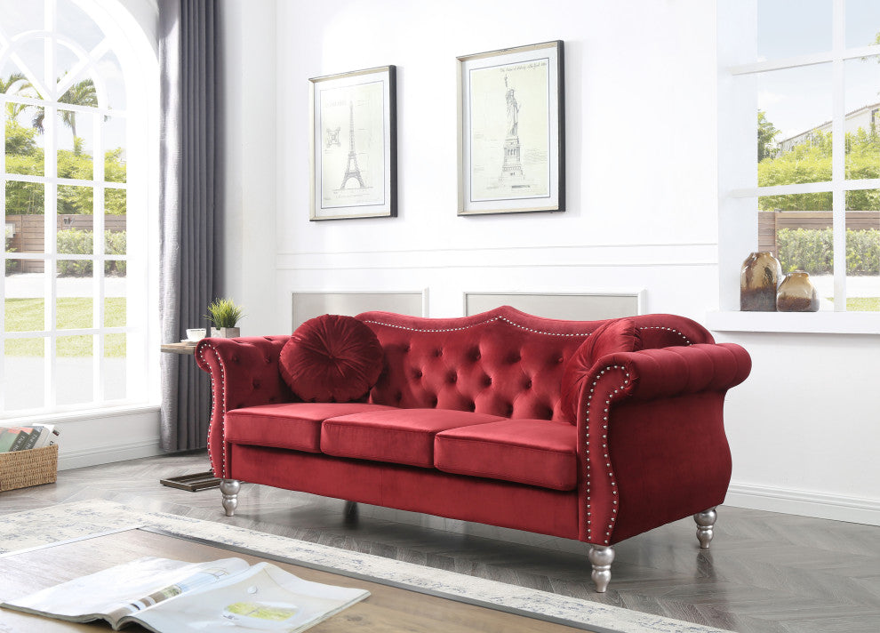 Hollywood Velvet Tufted Sofa, Burgundy