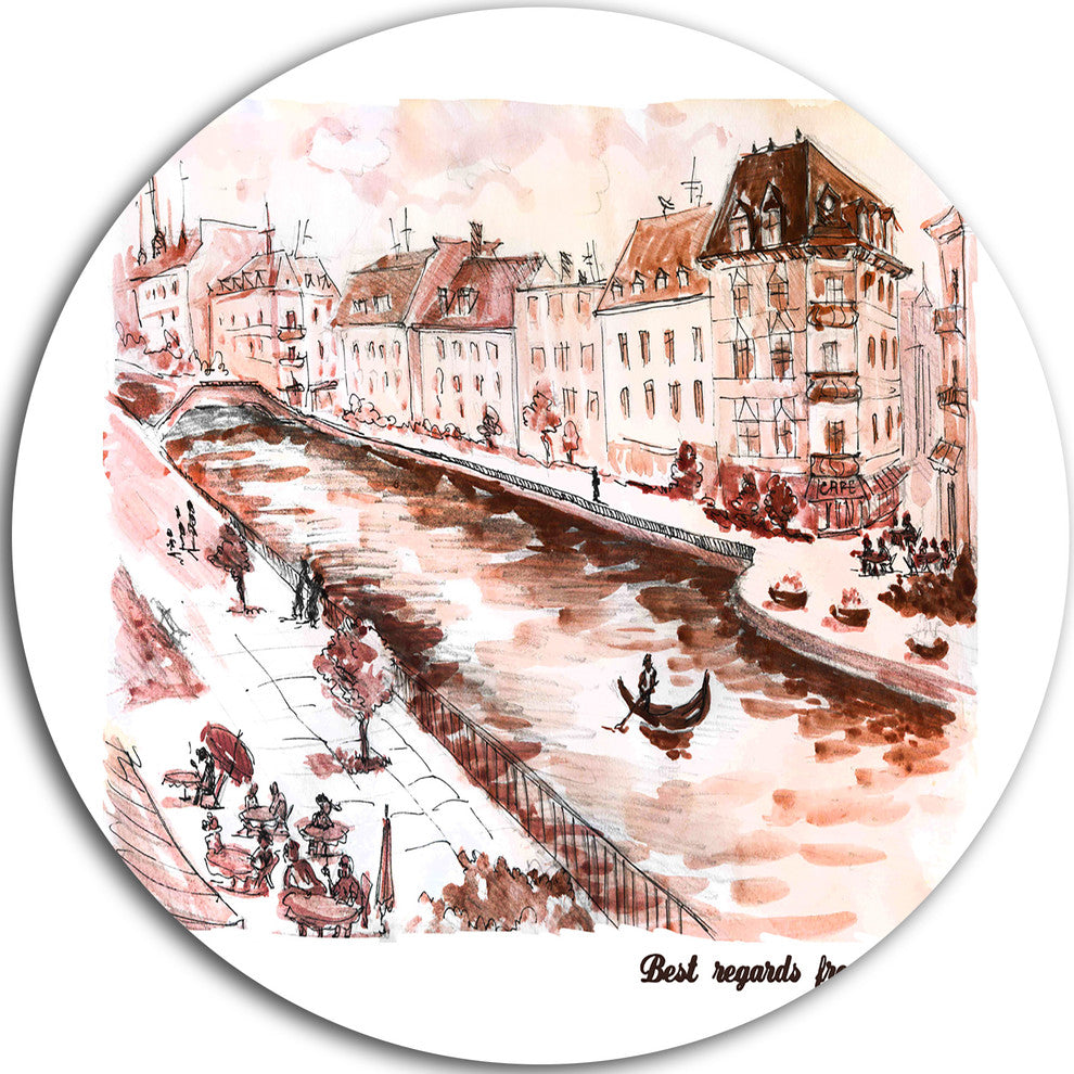 Sepia Hand-Drawn Sketch Of Paris, Cityscape Disc Metal Artwork, 36"