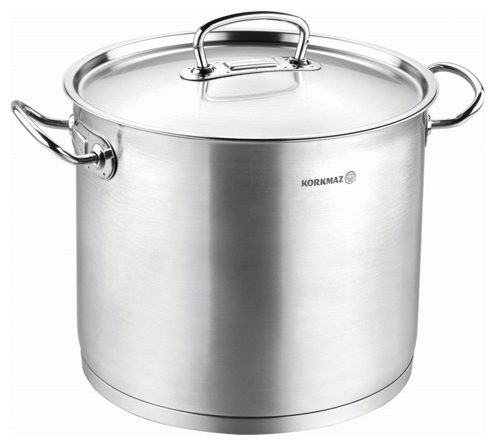Korkmaz Stainless Steel Stockpot with Lid and Handles,  Silver, 10 Quart