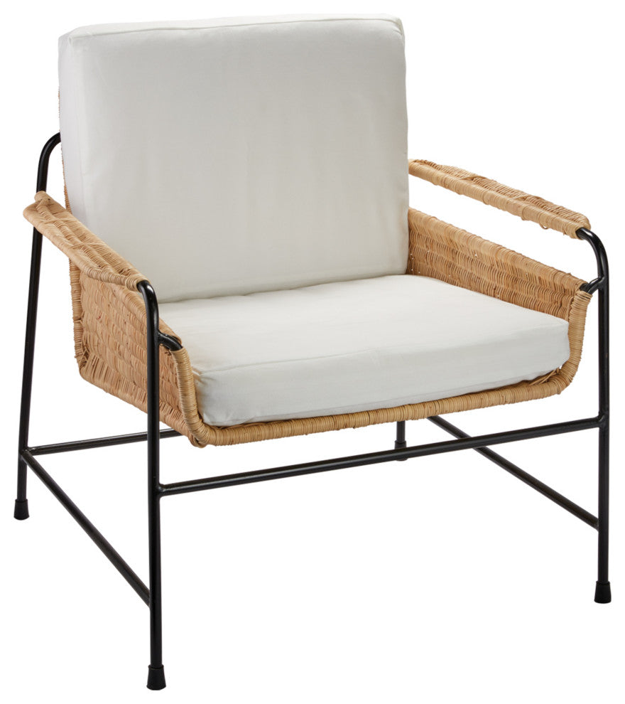 Palermo Lounge Chair, Natural Rattan and Black Steel With Off White Cushions
