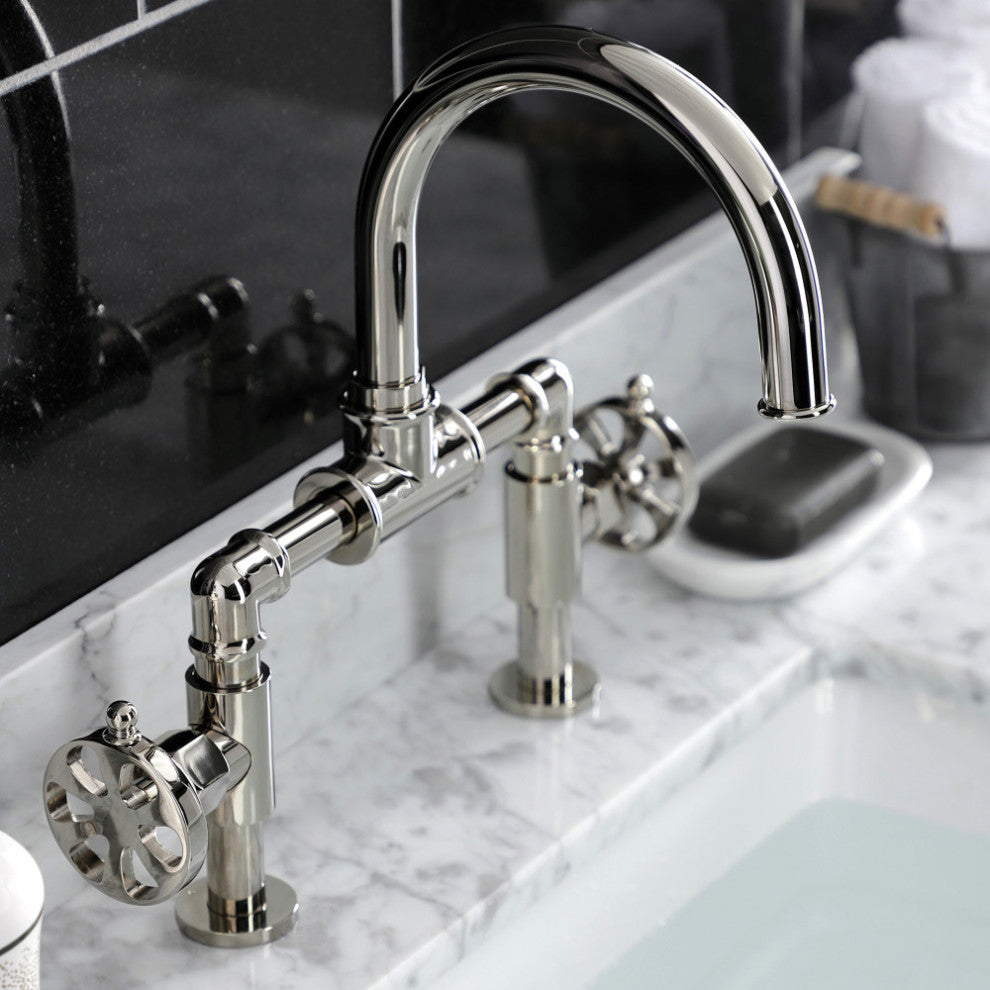 Belknap Style Wheel Handle Bridge Bathroom Faucet With Drain, Polished Nickel