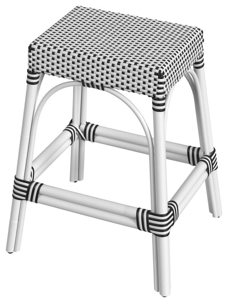 Robias Rectangular Rattan 24.5" Counter Stool, Black and White (White Frame)
