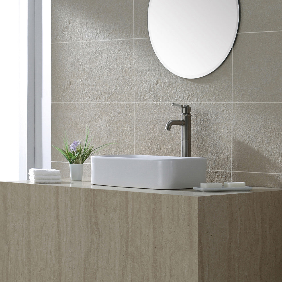 Elavo Ceramic Rectangle Vessel White Sink, PU Drain Satin Nickel