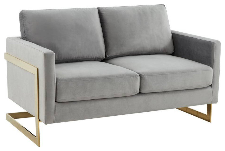 LeisureMod LA55LGR Lincoln Light Grey Mid-Century Velvet Loveseat Gold Frame