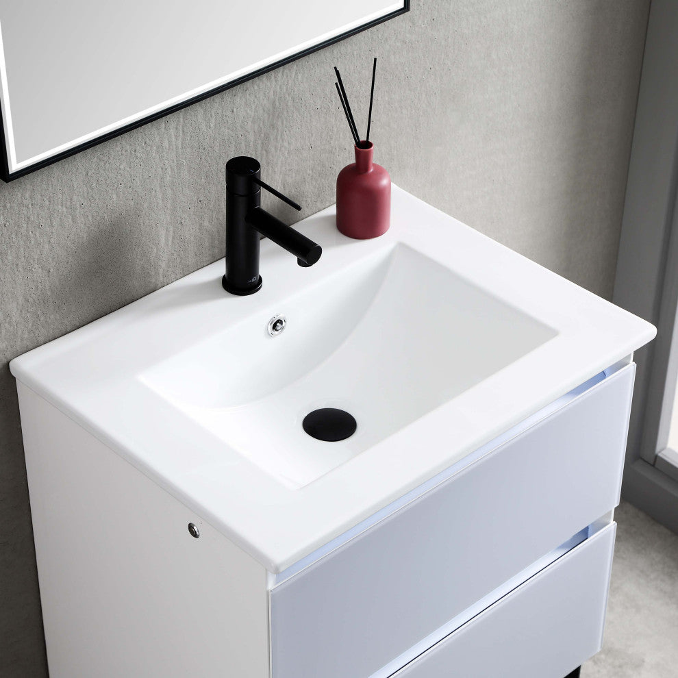 LED Lighted Bathroom Vanity With Ceramic Sink and Dimmed Light, Light Gray, 24"