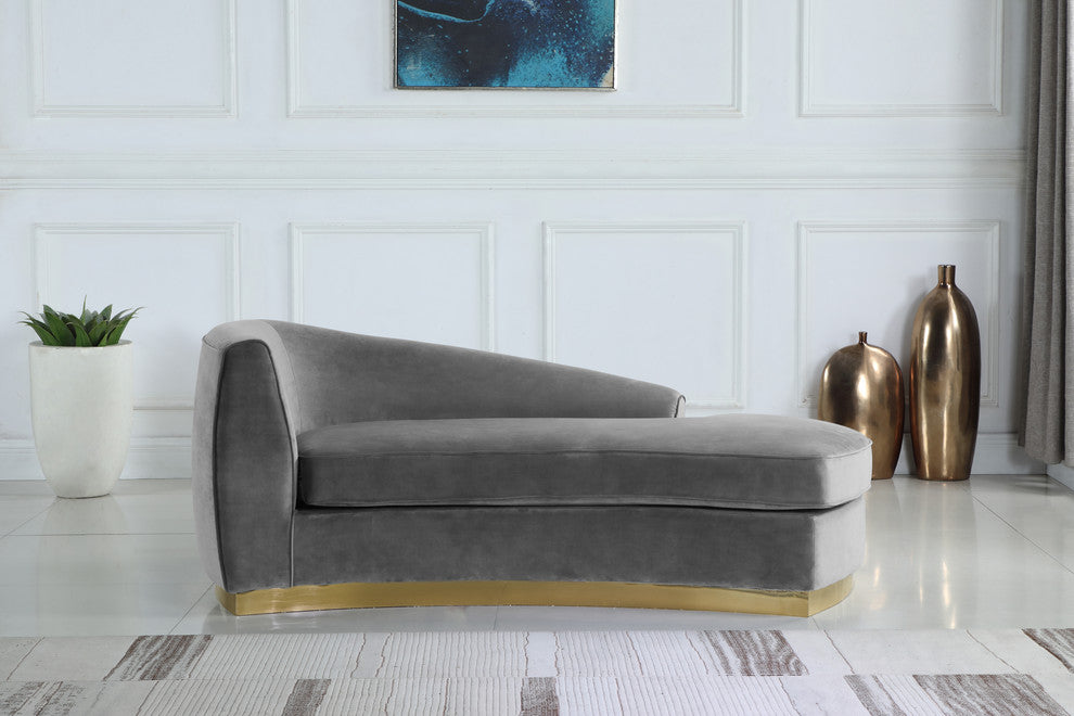 Julian Velvet Upholstered Chaise, Gray, Gold Base