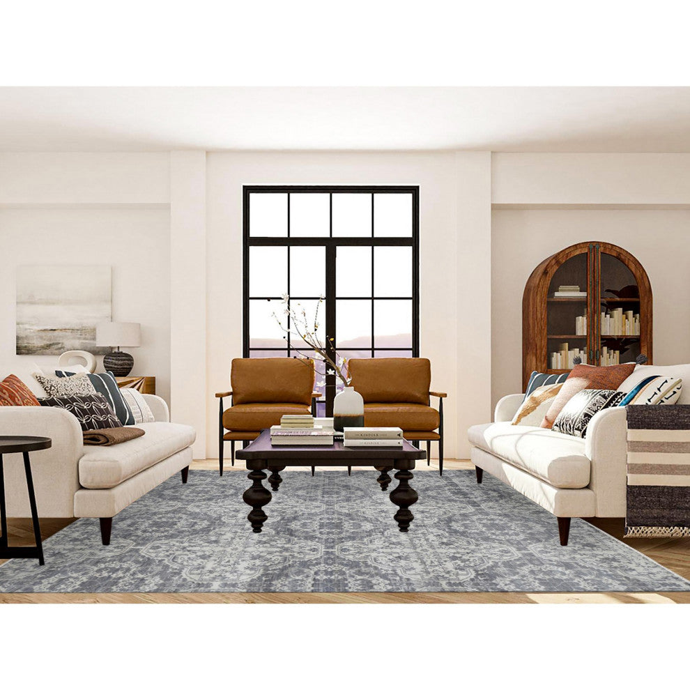 Ivory Hand Knotted Wool and Silk Geometric Mughal Design Oriental Rug, 7'9"x10'