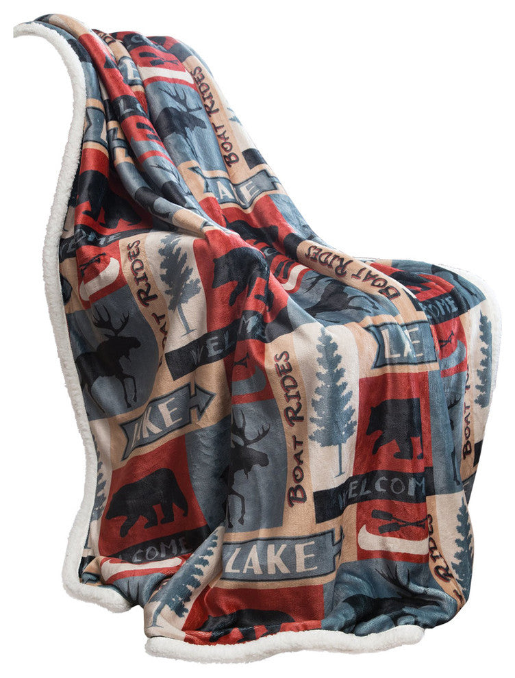 Carstens Lake House Rustic Cabin Sherpa Fleece Large Throw Blanket, 54"x68"