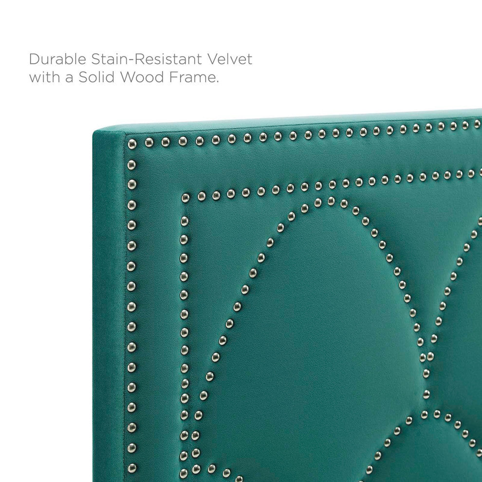 Platform Bed Frame, Nailhead, Queen Size, Teal Blue, Velvet, Modern