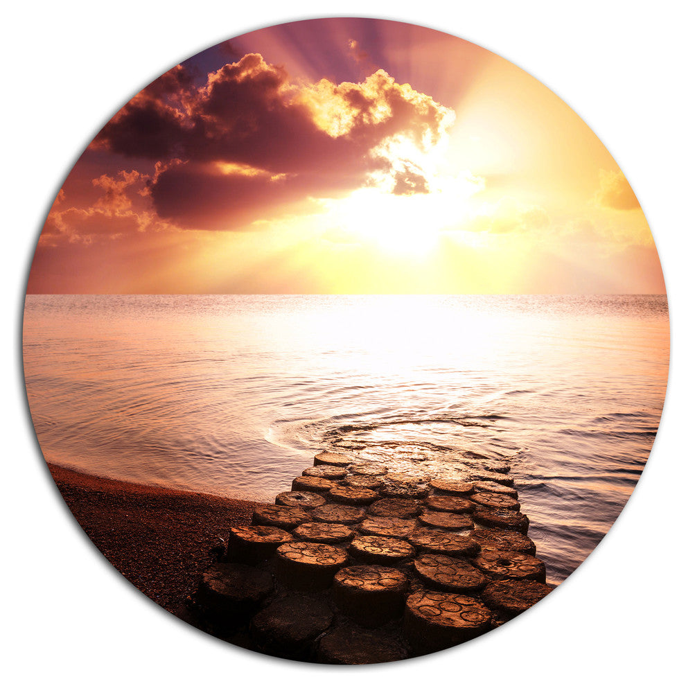 Stunning Beach With Old Bridge, Seashore Round Wall Art, 11"