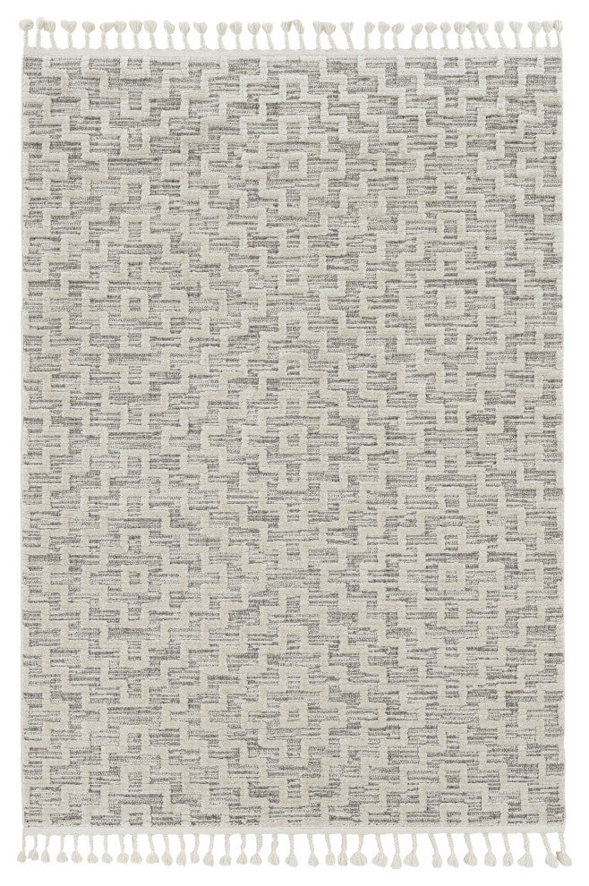 12'x15' Ivory Grey Machine Woven Diamond Pattern With Fringe Indoor Area Rug