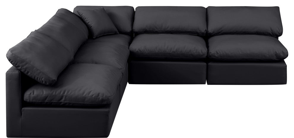 Indulge Upholstered Modular L-Shaped Sectional, Black, 5-Piece: 4 Armless Chair, 1 Corner Chair, Fiber Stuffed Vegan Leather