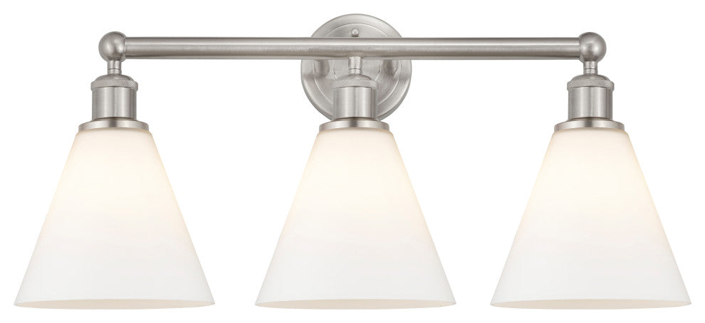 Berkshire 3-Light 26" Bath Vanity Light, Satin Nickel Finish, Matte White Shade