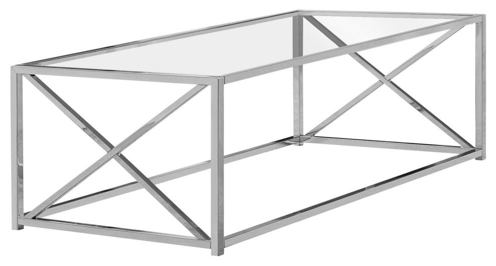 Coffee Table, Cocktail, Rectangular, 44"L, Metal, Tempered Glass, Chrome, Clear