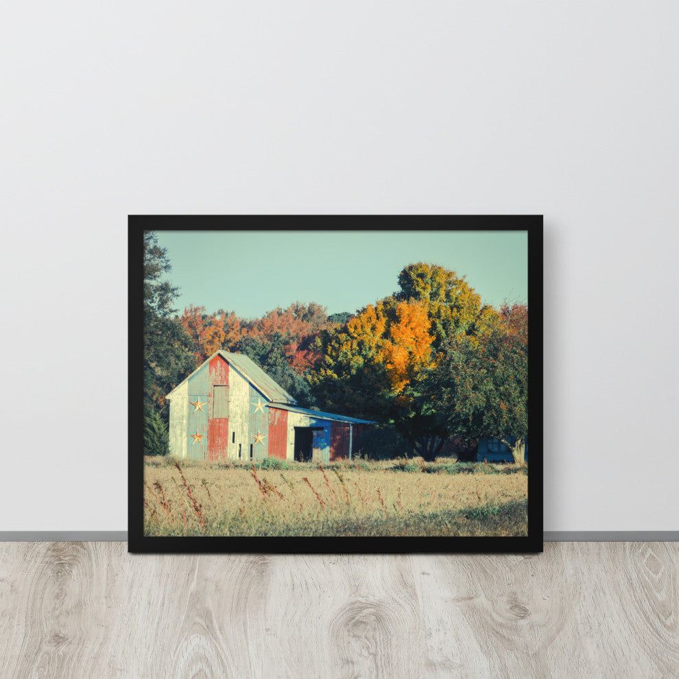 Patriotic Weathered Barn in Field Cross Processed Framed Photo Wall Art Prints, Black, 16" X 20"