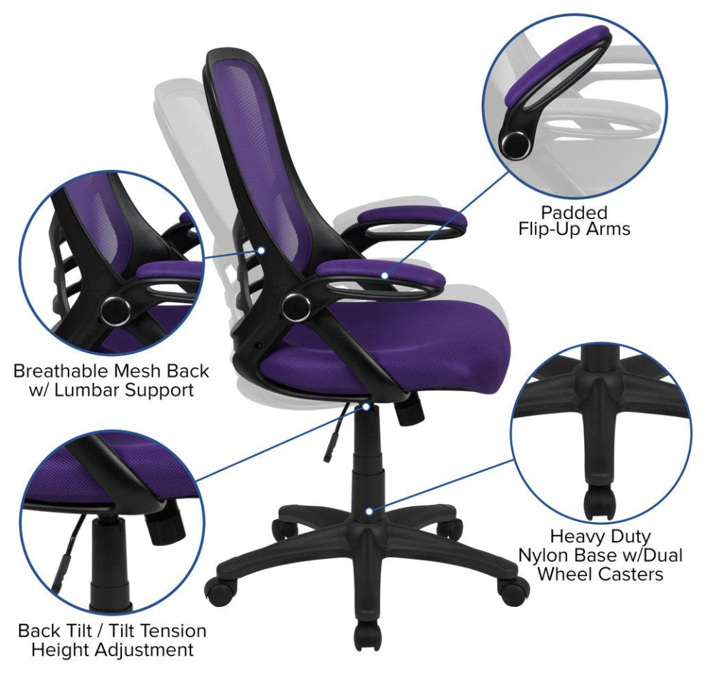 High Back Purple Mesh Ergonomic Swivel Office Chair with Black Frame and...