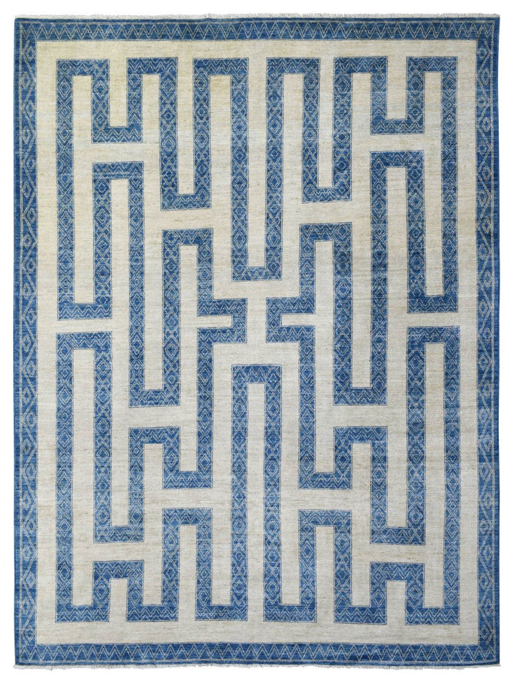 Denim Blue Maze Design With Berber Influence Hand Knotted Wool Rug, 9'2"x11'9"