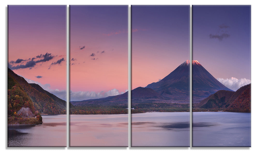 Sunset at Mount Fuji and Lake Motosu, Landscape Canvas Art, 48"x28", 4 Panels