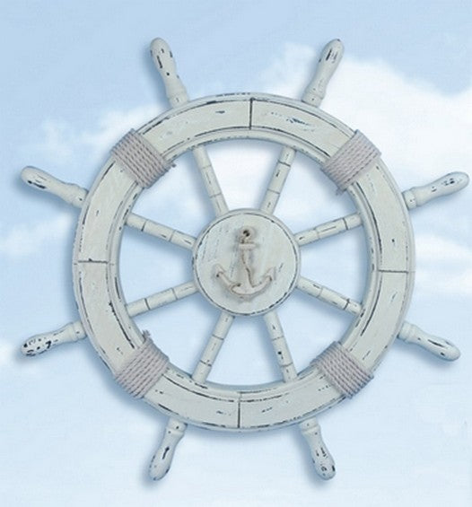 24" Distressed White Wood Ship Wheel