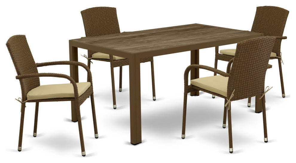 5Pc Outdoor- Brown Wicker Dining Set, Patio Table, 4 Balcony Backyard Armchair