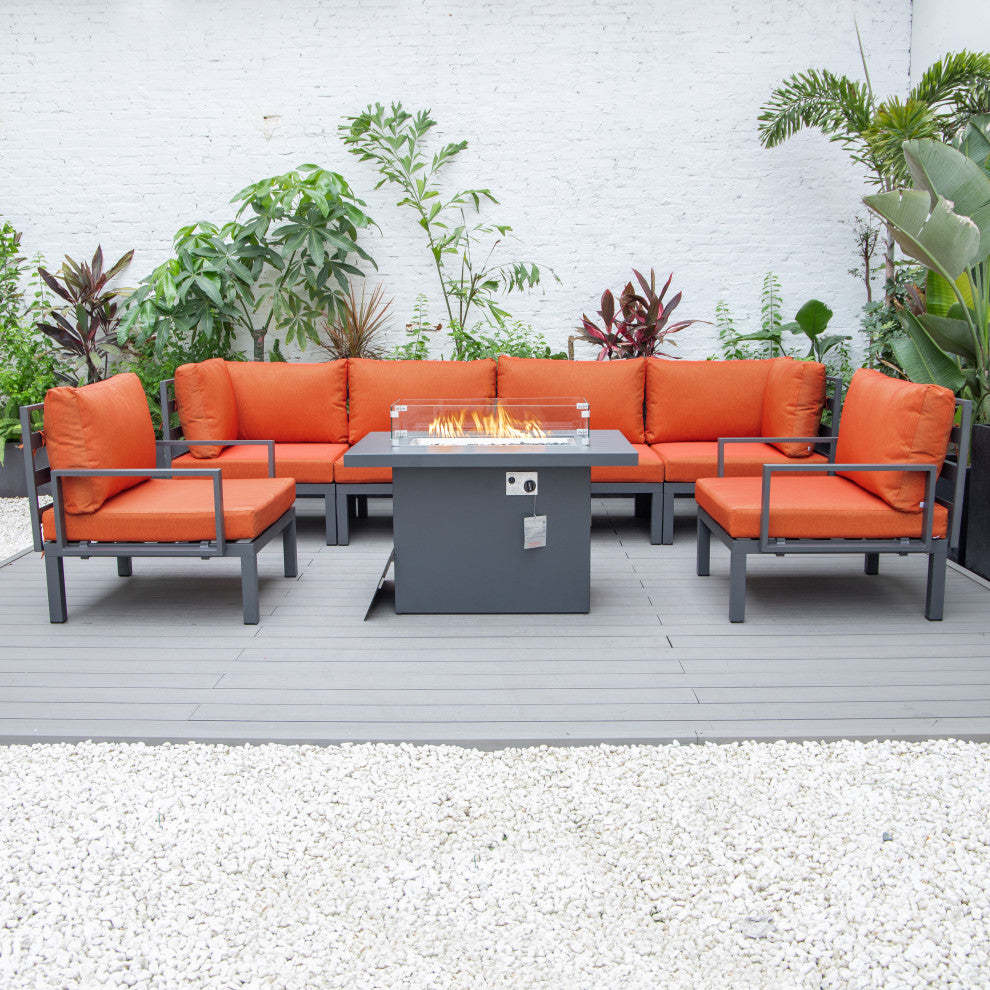LeisureMod HSFBL-7OR Hamilton 7-Pcs Conversation Set Fire Pit Table&Cushions